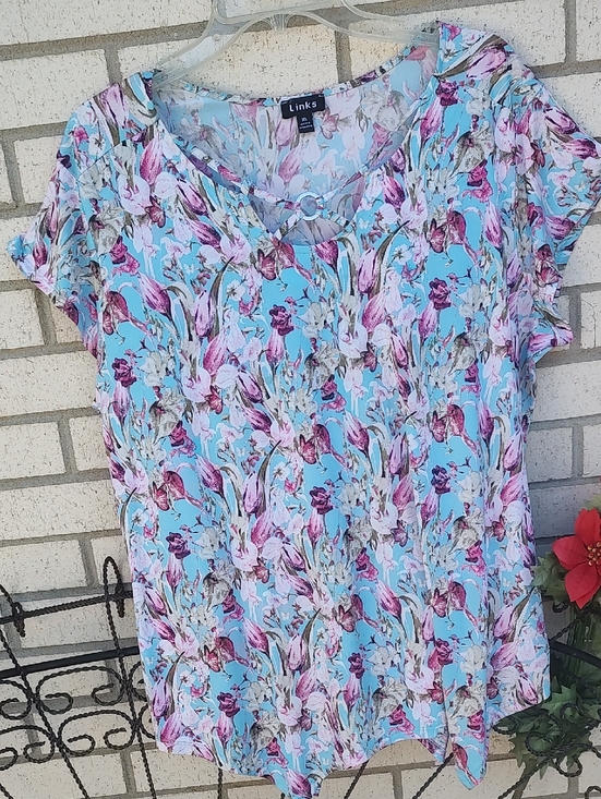Link Tops - Link Pastel Blue Floral Short Sleeve Blouse with Ring Detail
